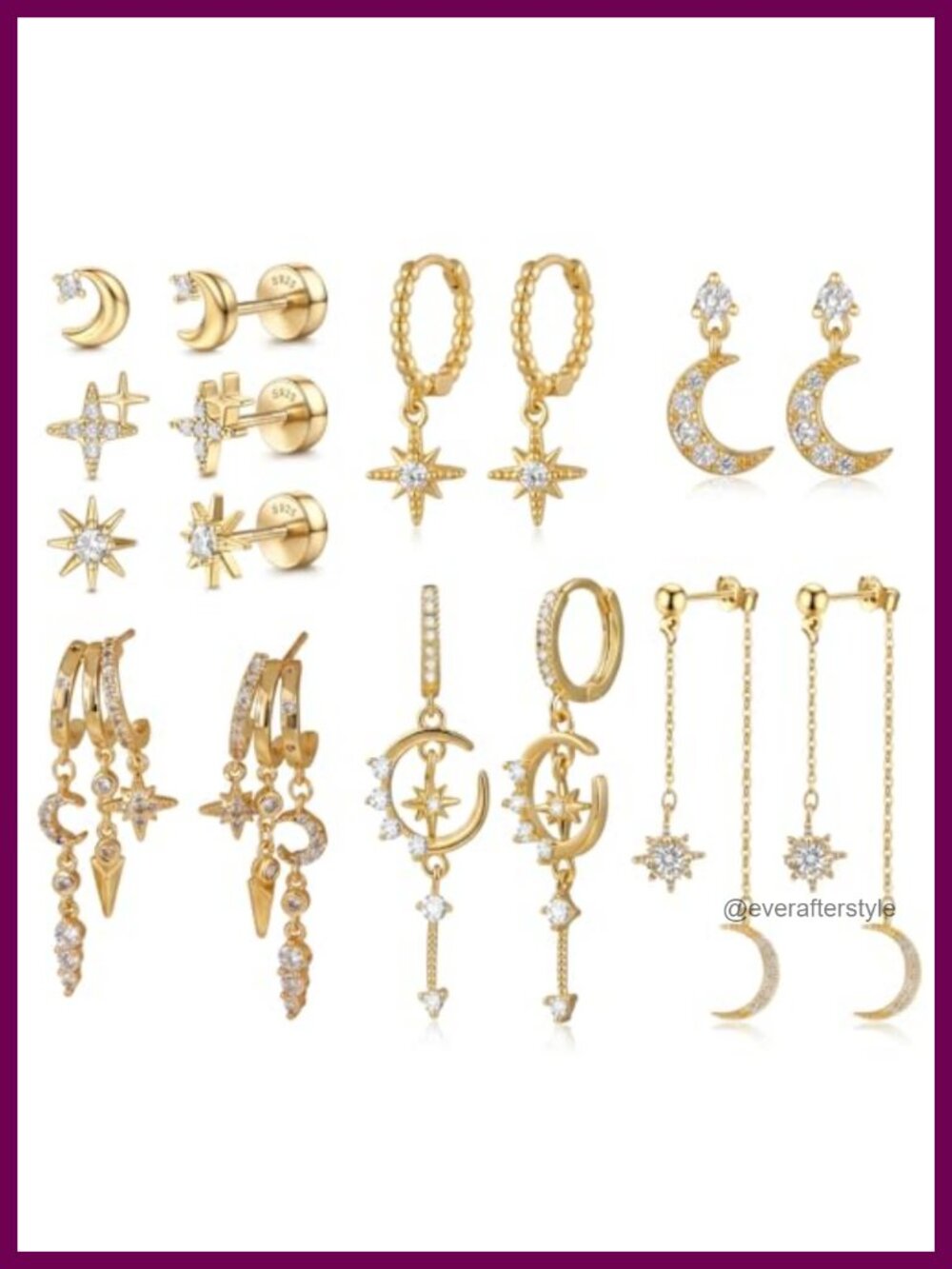 8 Pairs Silver Dangle Hoop Earrings Y2K Star Moon Stud Set Punk